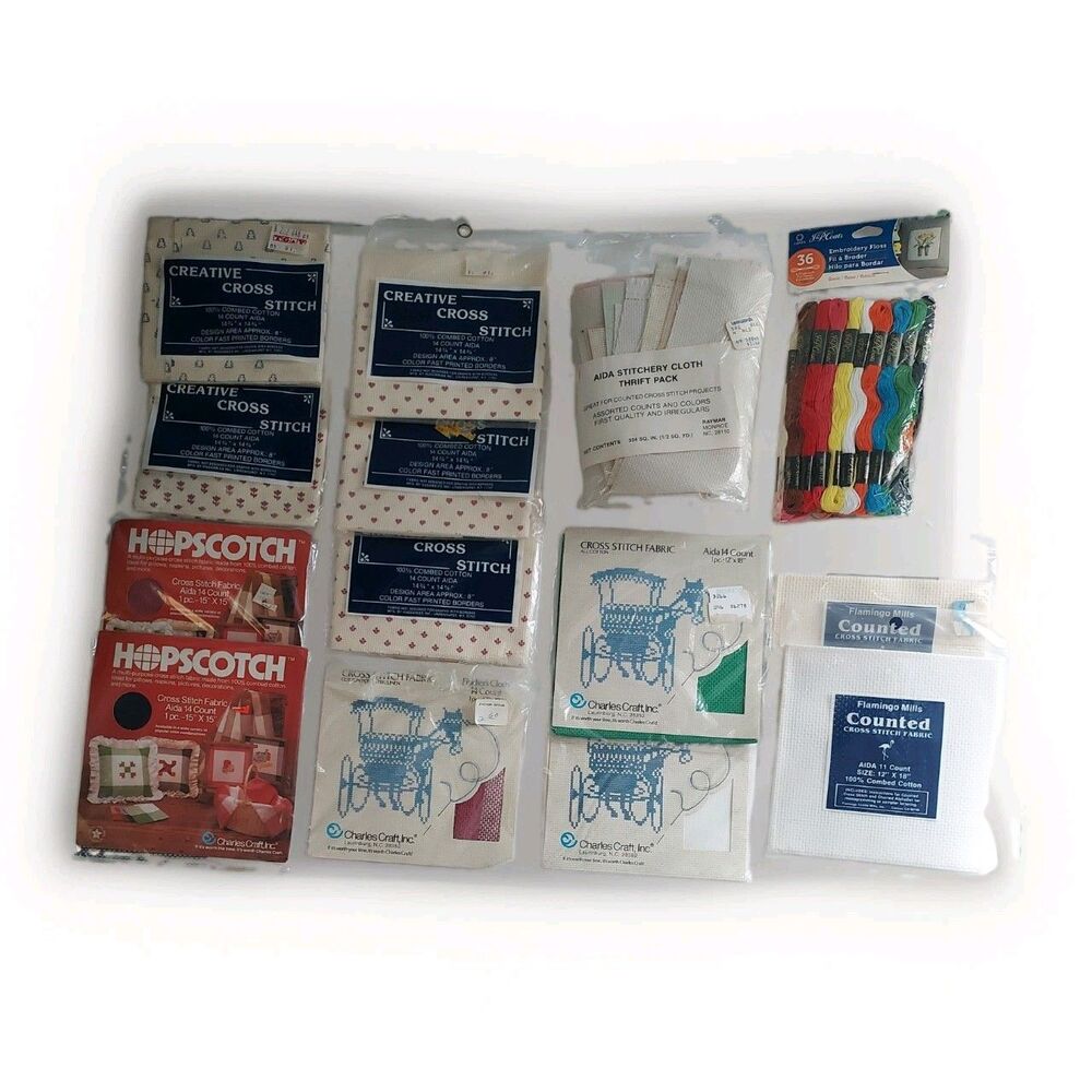 Lot of Vintage Charles Craft Aida Cross Stitch Cloth Sheets Fabric & Floss -NEW